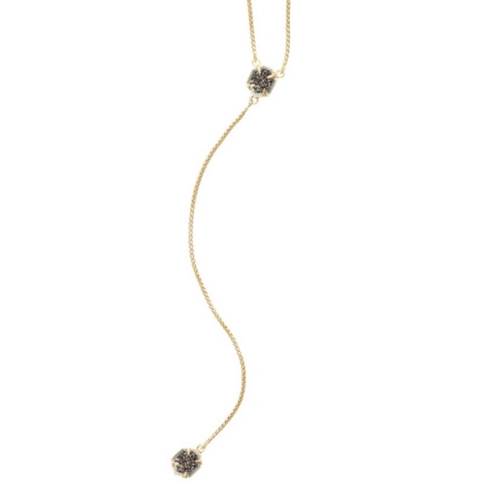 Kendra Scott "Tomon" Y Necklace Gold Chain Platinum Druzy Stone~ Adjustable